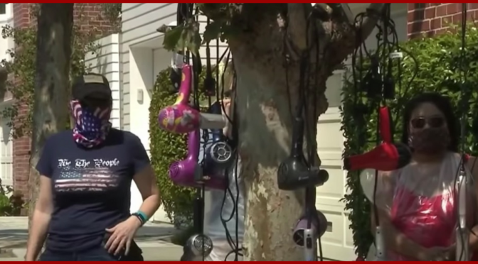 Protesters gather outside Nancy Pelosi’s home with curlers, hair dryers